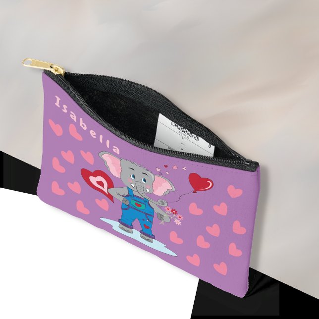 Niedlicher Cartoon Elefant und Herz Kid Lila Beute Zubehörtasche (Cute cartoon elephant and hearts small zipper pouch with name .)