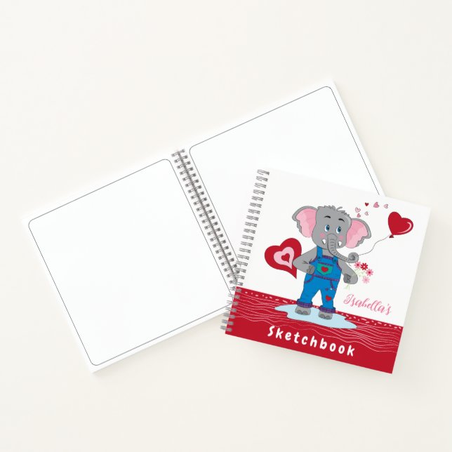 Niedlicher Cartoon Elephant Red White Kid Sketchbo Notizbuch (Innenseite)
