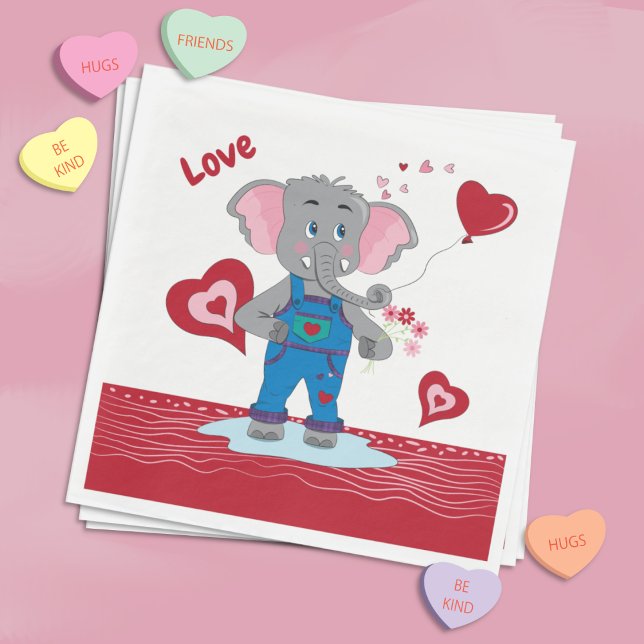 Niedlicher Cartoon Elephant White and Red Paper Na Serviette (Cute red and white Paper napkins with a cartoon elephant and some hearts . )