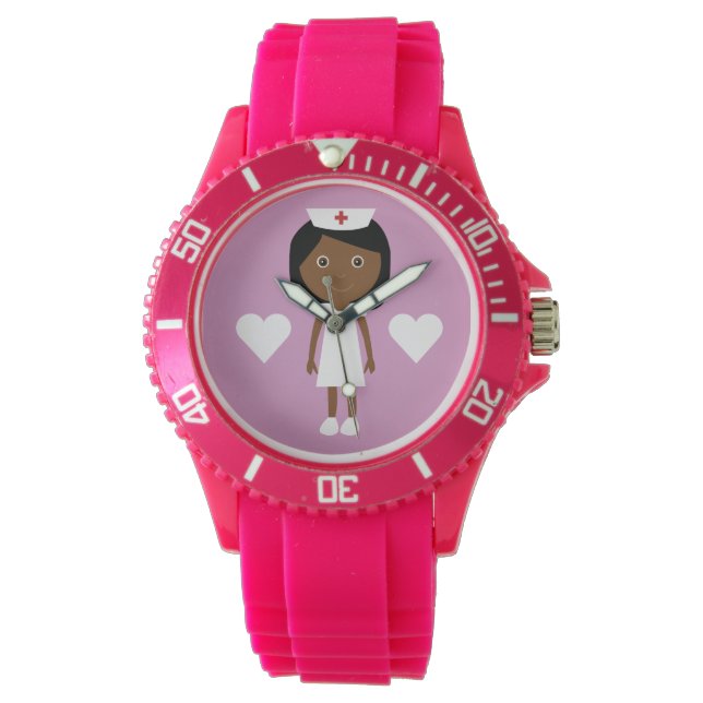 Niedlicher Cartoon Ethnic Nurse & Hearse Pink Armbanduhr (Vorderseite)