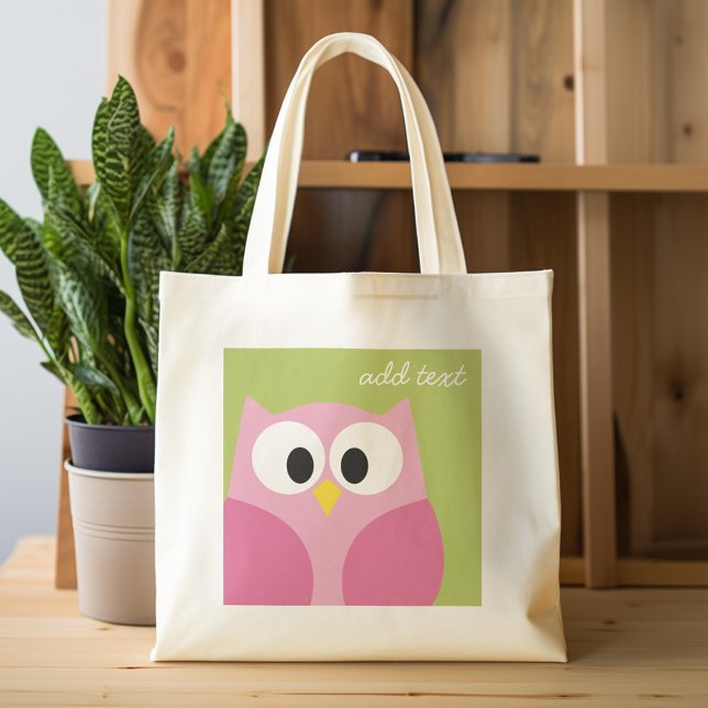 Niedlicher Cartoon - Eule - Rosa und Zitronengrün Tragetasche (Personalized tote bag - cute owl and monogram)