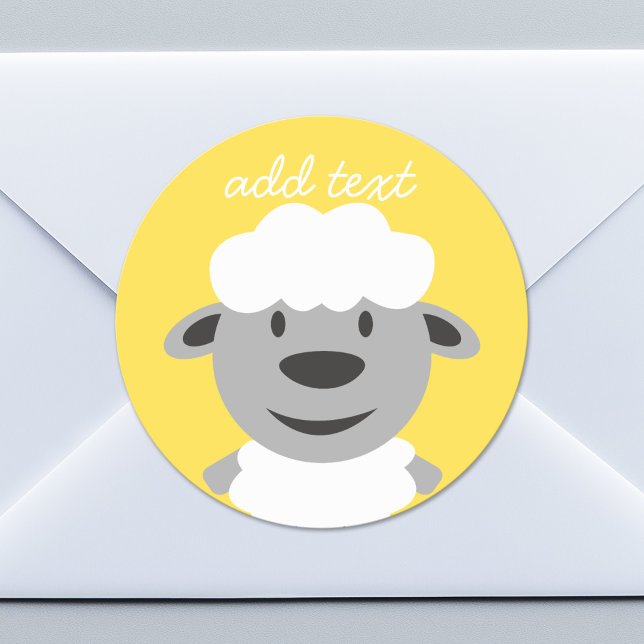Niedlicher Cartoon Farm Sheep - gelb und grau Runder Aufkleber (Custom Sticker for Party Favors or Envelopes)