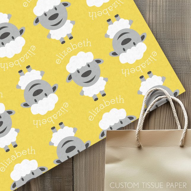 Niedlicher Cartoon Farm Sheep - gelb und grau Seidenpapier (Custom Tissue Paper)