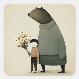 Niedlicher Cartoon Feenbär und Junge. Floral Birth Quadratischer Aufkleber