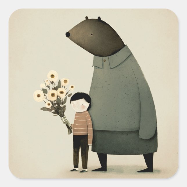 Niedlicher Cartoon Feenbär und Junge. Floral Birth Quadratischer Aufkleber (Vorderseite)