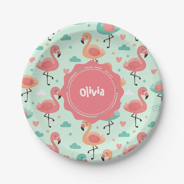 Niedlicher Cartoon Flamingo Muster Pappteller (Vorderseite)