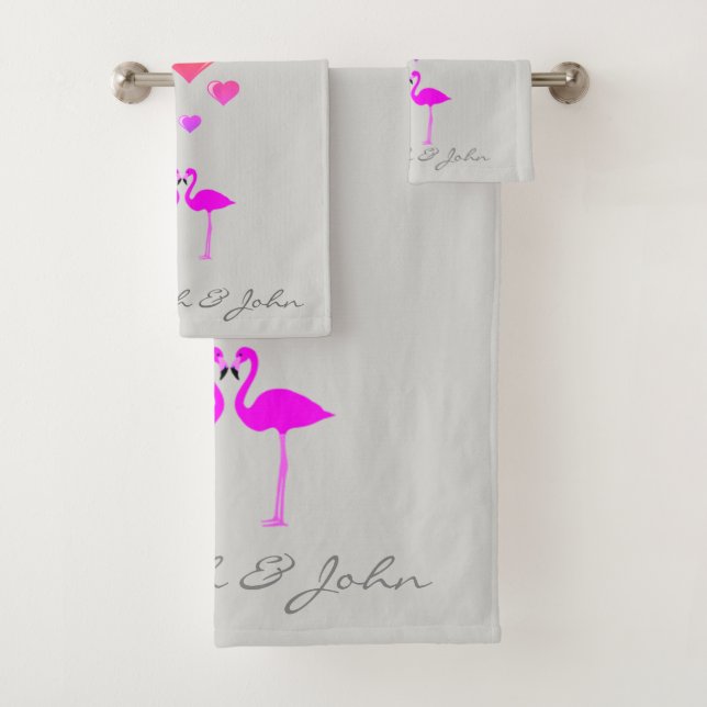 Niedlicher Cartoon Flamingos in Liebe - Personalis Badhandtuch Set (Insitu)