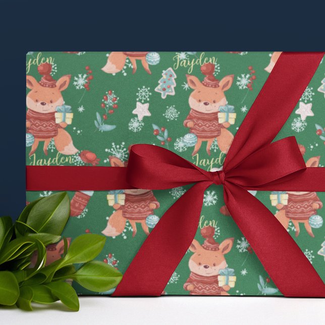 Niedlicher Cartoon Fox Green Red Custom Wrapping P Geschenkpapier (Cute Cartoon Fox Green Red Custom Wrapping Paper
)