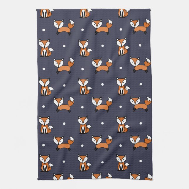 Niedlicher Cartoon Fox-Muster in Midnight Blue Geschirrtuch (Vertikal)