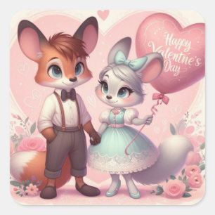 Niedlicher Cartoon Füchse Valentinstag Quadratischer Aufkleber