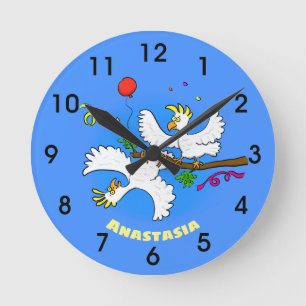 Niedlicher Cartoon für lustige Kakatovögel Runde Wanduhr