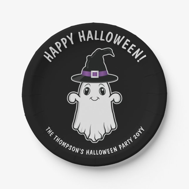 Niedlicher Cartoon Geist mit Hexenhutenhut Hallowe Pappteller (Vorderseite)