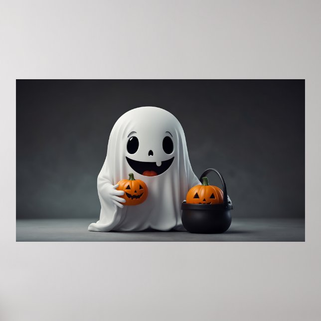 Niedlicher Cartoon Ghost Holding einer Trick-oder- Poster (Vorne)
