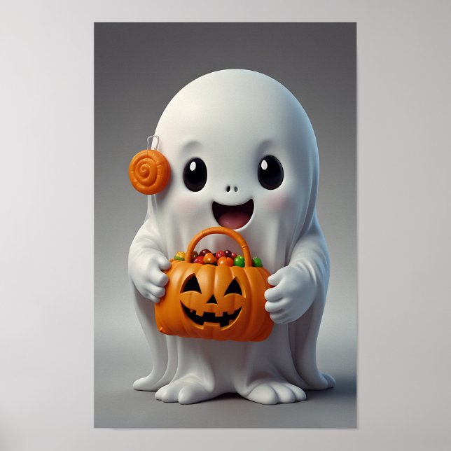 Niedlicher Cartoon Ghost Holding einer Trick-oder- Poster (Vorne)
