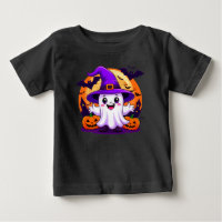 Niedlicher Cartoon Ghost in Hexenhut mit Pumpkins