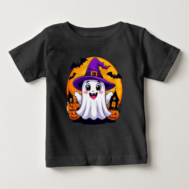 Niedlicher Cartoon Ghost in Hexenhut mit Pumpkins Baby T-shirt (Vorderseite)