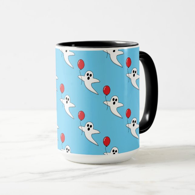 Niedlicher Cartoon Ghost mit Red Balloon Pattern Tasse (VorderseiteRechts)