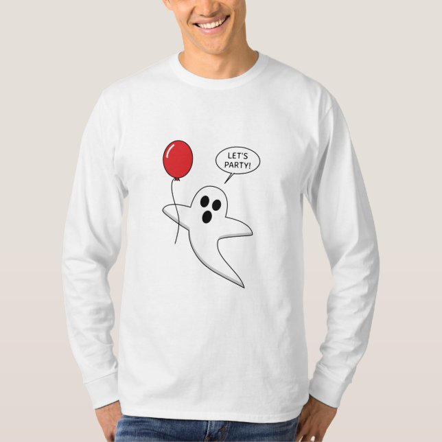 Niedlicher Cartoon Ghost mit Red Balloon T-Shirt (Vorderseite)