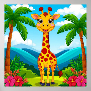 Niedlicher Cartoon Giraffe in einer tropischen Lan Poster