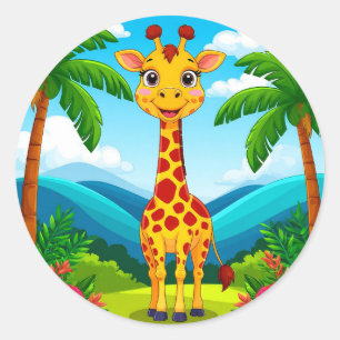 Niedlicher Cartoon Giraffe in einer tropischen Lan Runder Aufkleber