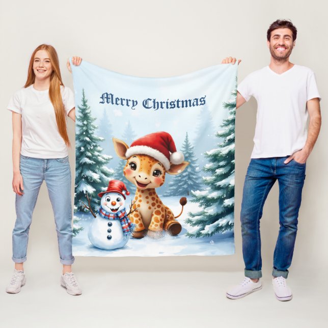 Niedlicher Cartoon Giraffe mit Weihnachtsmannmütze Fleecedecke (Beispiel)