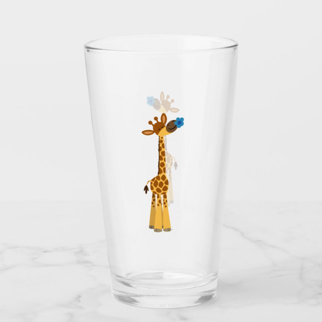 Niedlicher Cartoon Giraffe und Blauer Blume Glass  Glas (Vorderseite)