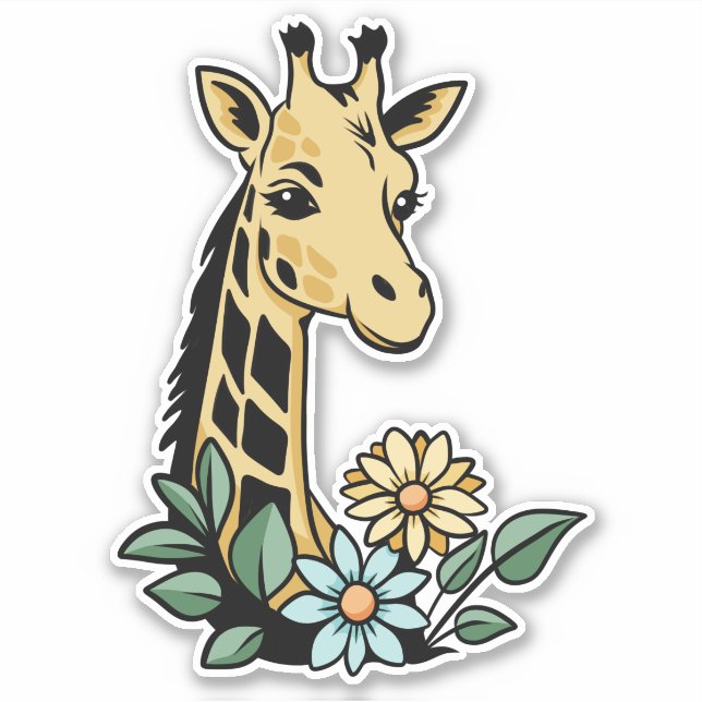 Niedlicher Cartoon Giraffe und Blume Aufkleber (Vorderseite)