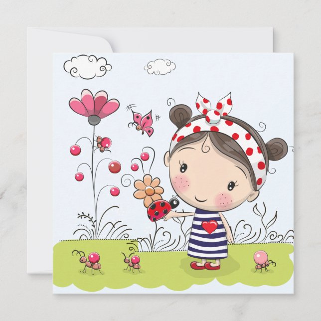 Niedlicher Cartoon Girl mit Ladybug in Garden Scen (Vorderseite)