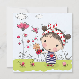 Niedlicher Cartoon Girl mit Ladybug in Garden Scen