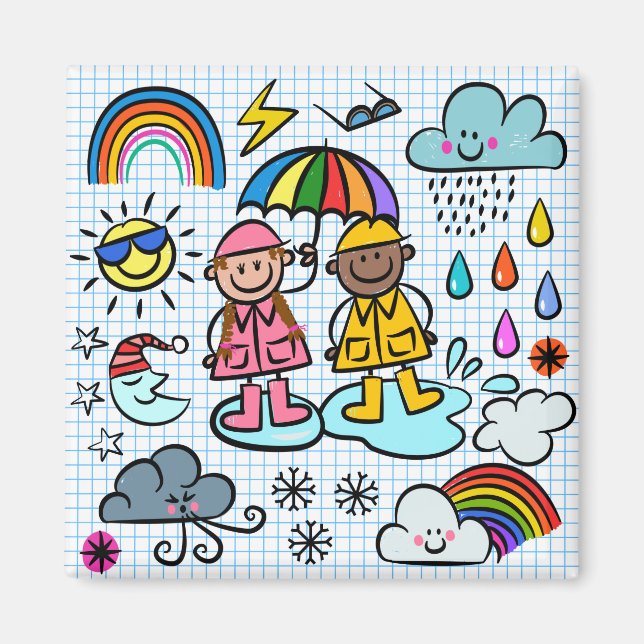 Niedlicher Cartoon Glückliche Kinder Wetterdoodles Magnet (Vorne)