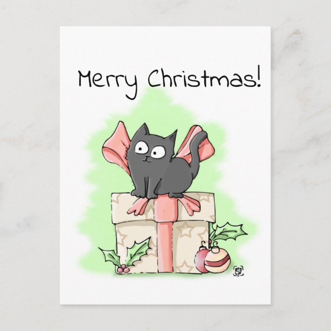 Niedlicher Cartoon Gray Kitten Frohe Weihnachten Postkarte (Vorderseite)