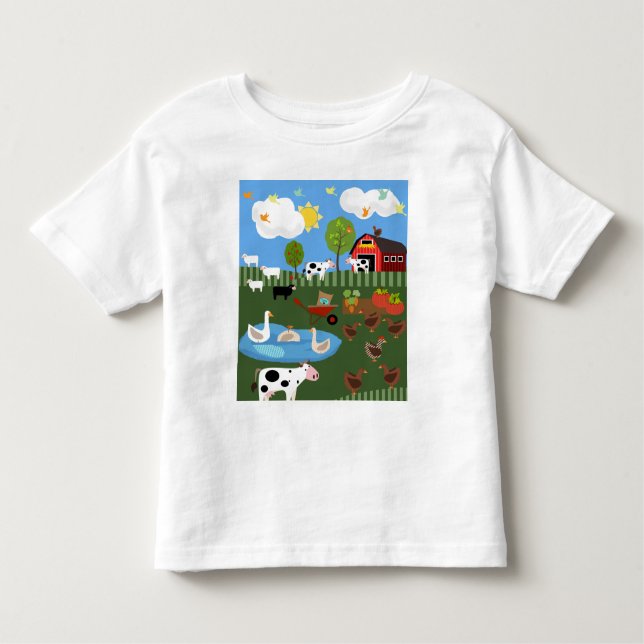 Niedlicher Cartoon Happy Barnyard Tiere Szene Kleinkind T-shirt (Vorderseite)