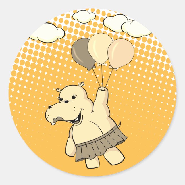 Niedlicher Cartoon Hippo Flug mit Balloons Runder Aufkleber (Vorderseite)