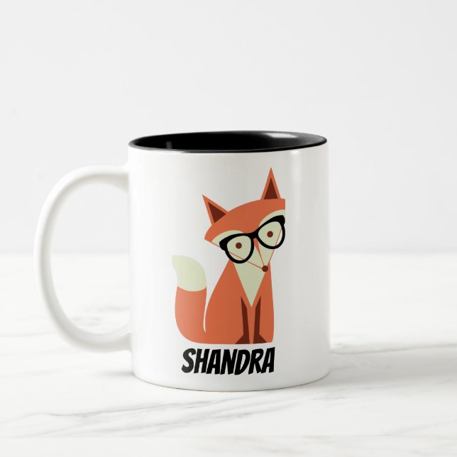 Niedlicher Cartoon Hipster Fox mit Brille, Name Zweifarbige Tasse (Links)
