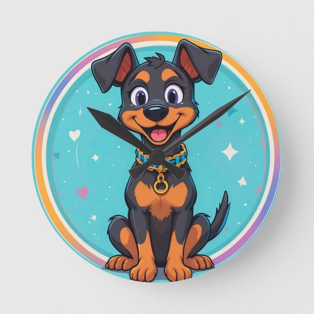 Niedlicher Cartoon Hund mit Collar Runde Wanduhr (Vorderseite)