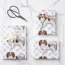 Niedlicher Cartoon-Hund mit grauen Paws aus rotem  Geschenkpapier Set