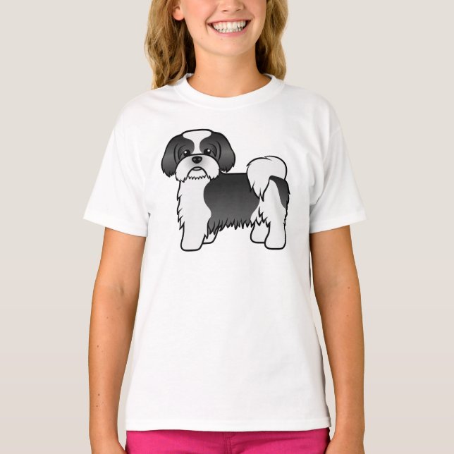 Niedlicher Cartoon-Hund mit schwarzem und weißem S T-Shirt (Vorderseite)