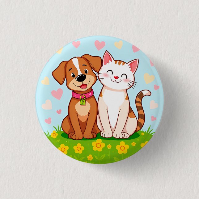 Niedlicher Cartoon Hund und Katze zusammensitzen Button (Vorderseite)