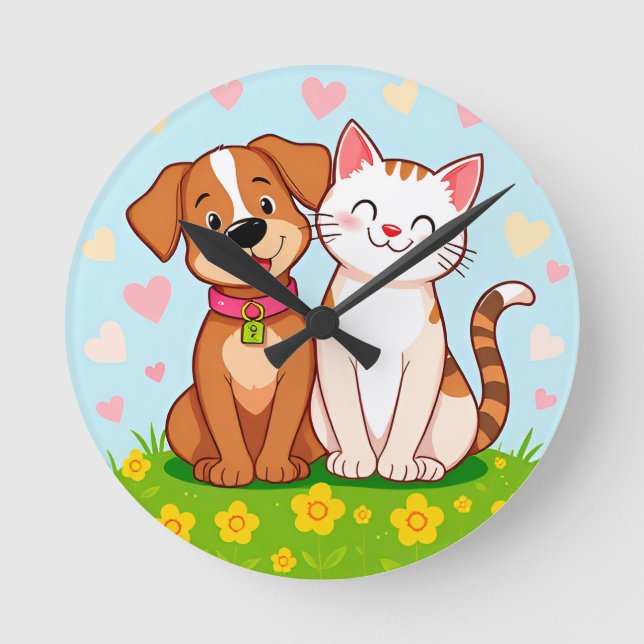 Niedlicher Cartoon Hund und Katze zusammensitzen Runde Wanduhr (Vorderseite)