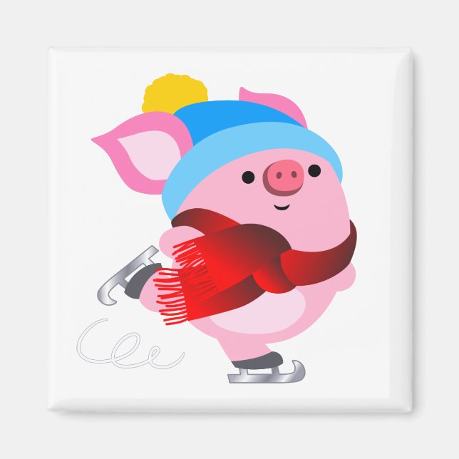 Niedlicher Cartoon Ice Skaten Pig Magnet (Vorne)