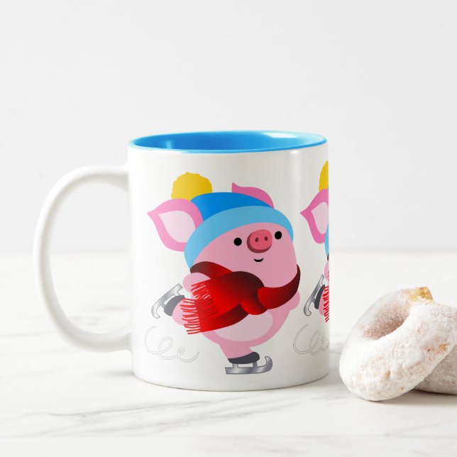 Niedlicher Cartoon Ice Skaten Pig Tasse (Mit Donut)