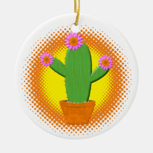 Niedlicher Cartoon Kaktus mit rosa Blume Weihnacht Keramik Ornament