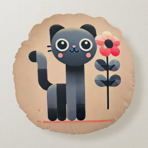 Niedlicher Cartoon Katze Halten einer Blume Rundes Kissen