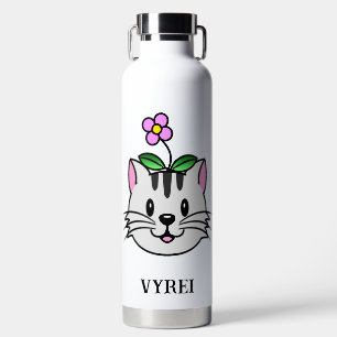 Niedlicher Cartoon Katze mit Blume auf ihrem Kopf Trinkflasche