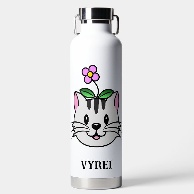 Niedlicher Cartoon Katze mit Blume auf ihrem Kopf Trinkflasche (Vorderseite)