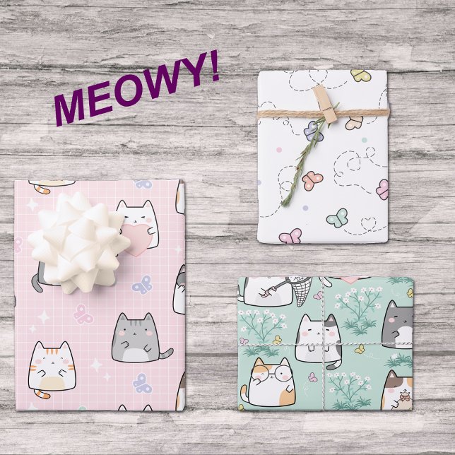 Niedlicher Cartoon Katzen und Schmetterlinge Sprin Geschenkpapier Set (Von Creator hochgeladen)