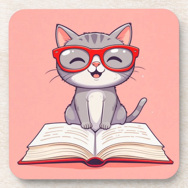 Niedlicher Cartoon Katzenbrille tragen Getränkeuntersetzer (Vorderseite)
