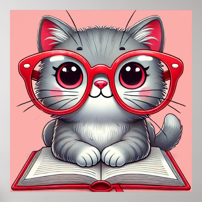 Niedlicher Cartoon Katzenbrille tragen Poster (Vorne)