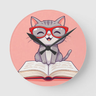 Niedlicher Cartoon Katzenbrille tragen Runde Wanduhr