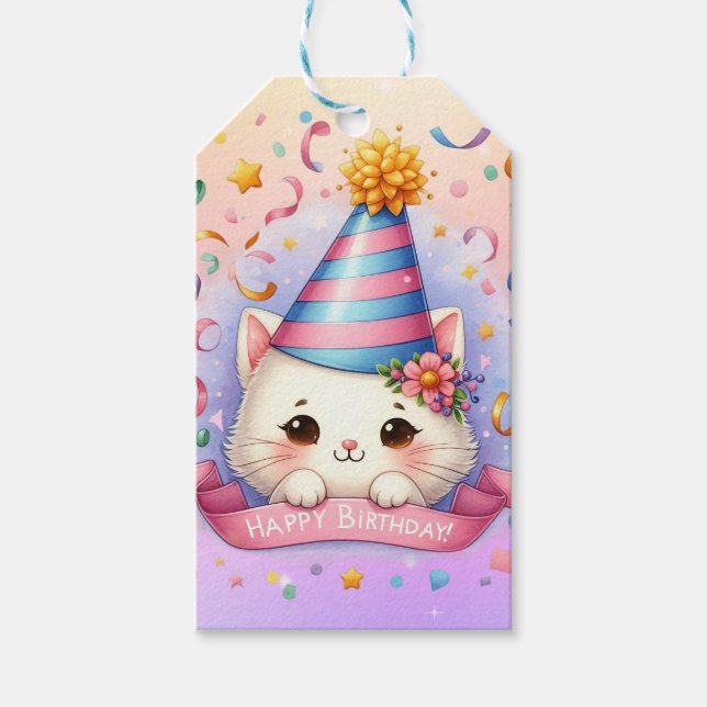 Niedlicher Cartoon Kawaii Kitty Cat Happy Birthday Geschenkanhänger (Vorderseite)